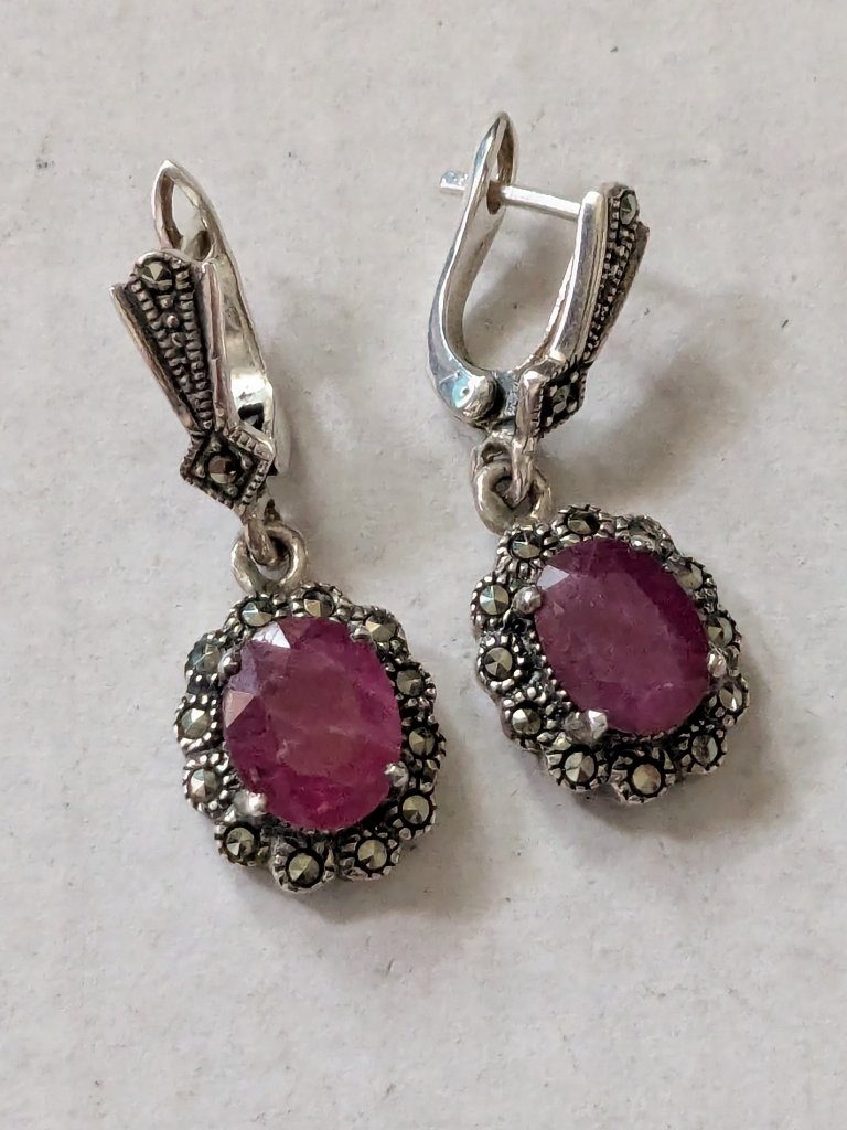 925 Sterling Silver Marcasite Ruby Art Deco Style Dangle Drop Pierced Earrings